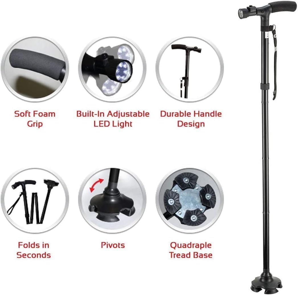 Canne de Marche Pliable avec Lampe LED Base Pivotante Quadruple Hauteur Réglable - عصا المشي القابلة للطي المزودة بإضاءة وقاعدة رباعية ثنائية التوازن - Divers - صورة 4