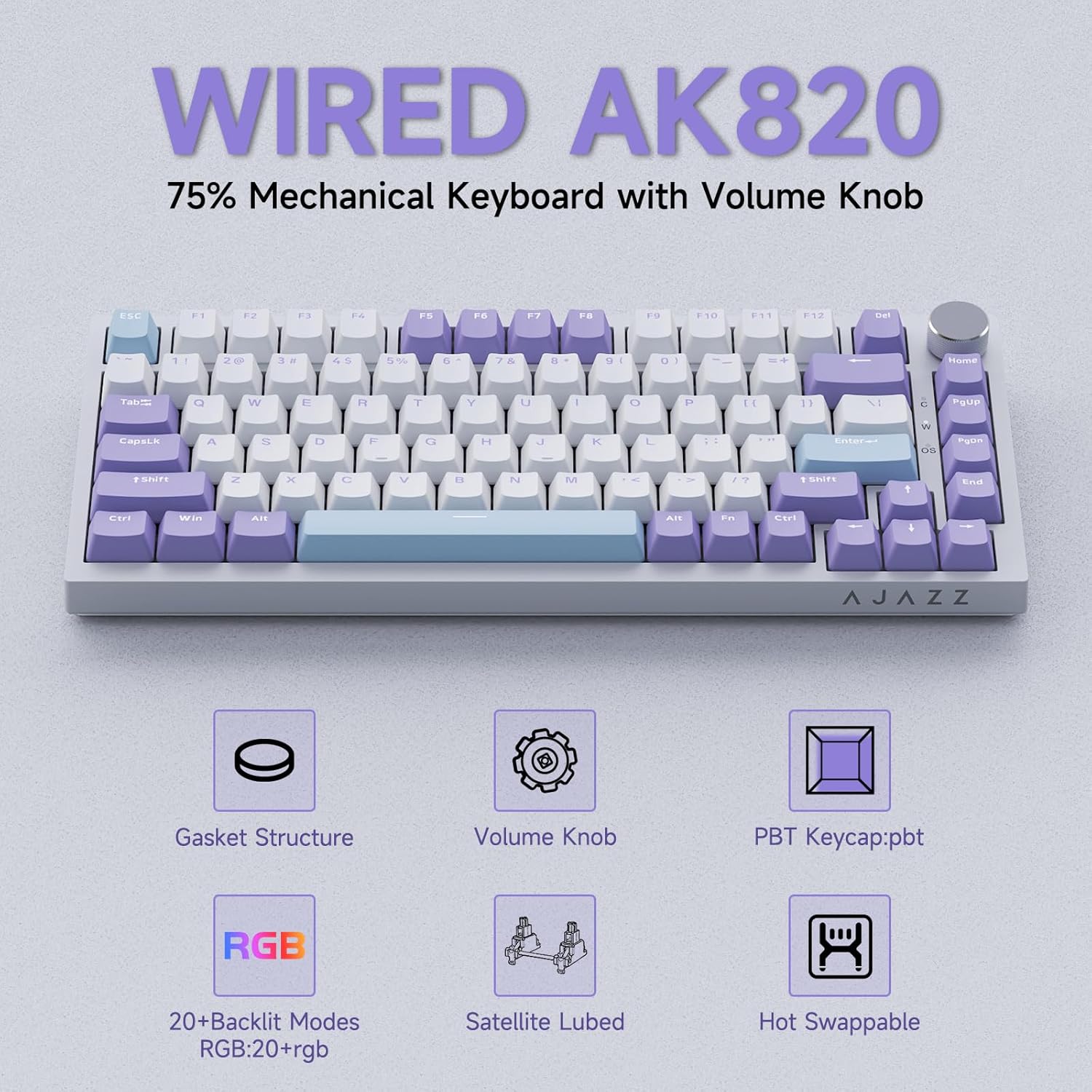 Clavier Mécanique Ajazz AK820 Purple avec Bouton de Volume et Structure Gasket - لوحة مفاتيح ميكانيكية - صورة 4