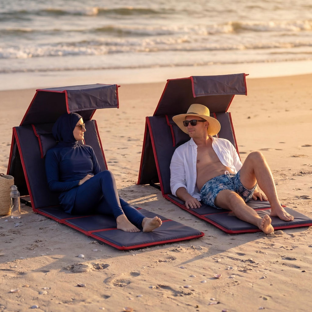 Chaise Longue de Plage Pliable avec Pare-Soleil et Oreiller Intégré - كرسي شاطئ قابل للطي مع مظلة شمسية ووسادة مدمجة
