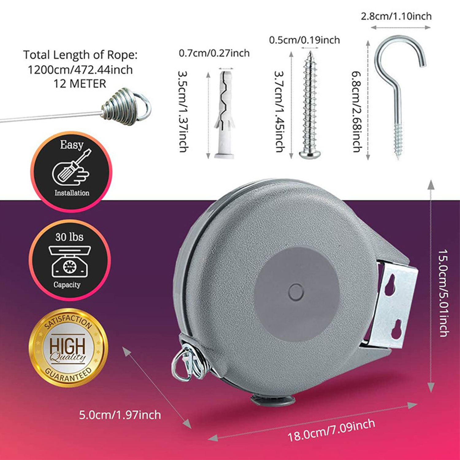 Corde à Linge Rétractable Automatique 15m Fixation Murale Supporte 10kg - حبل غسيل ملابس أوتوماتيكي قابل للسحب بطول 15 متراً - Maison - صورة 3